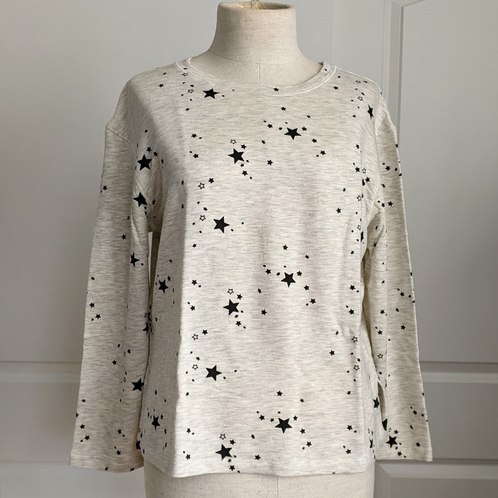 Monrow Pullover Lounge Top Star Print 3/4 Sleeve Round Neck Grey Black L NWT